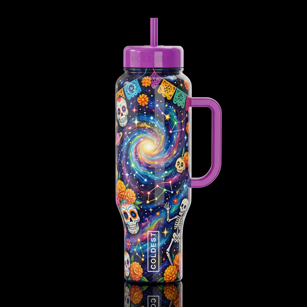 starry night, whimsical, day of the dead, oil pain... water bottle design