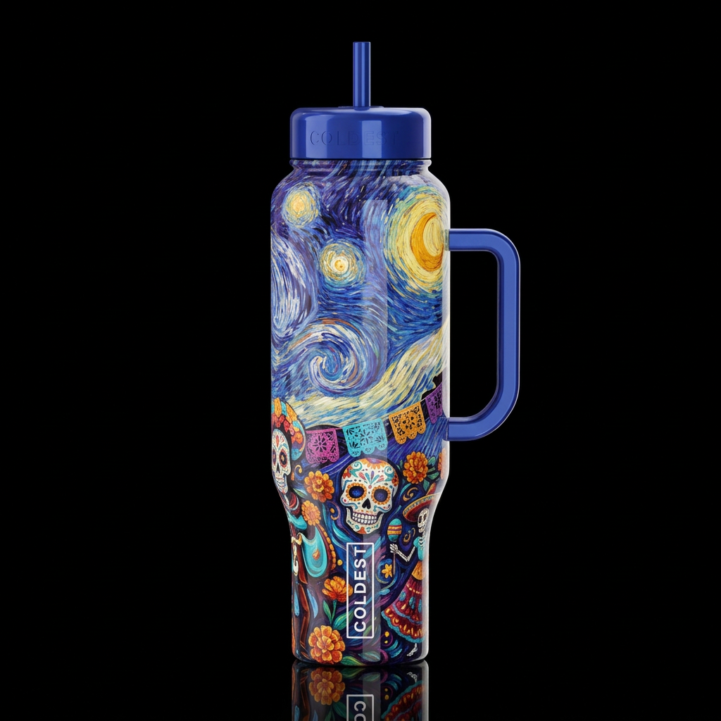 starry night, whimsical, day of the dead, oil pain... water bottle design