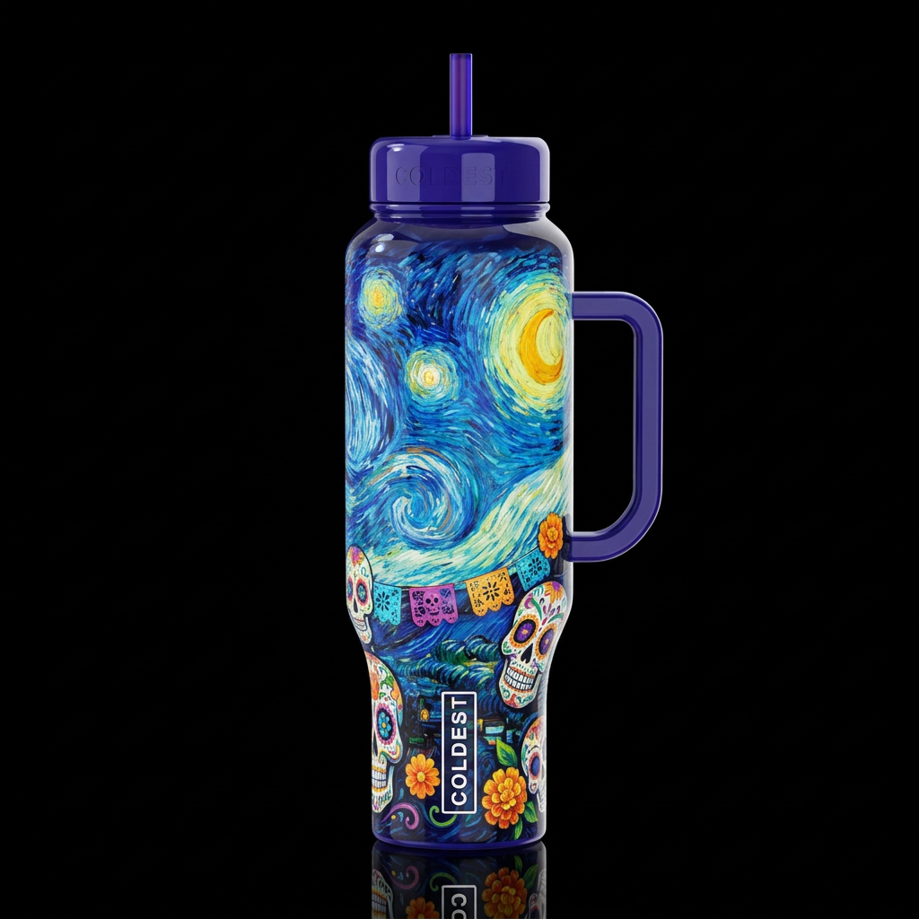 starry night, whimsical, day of the dead, oil pain... water bottle design