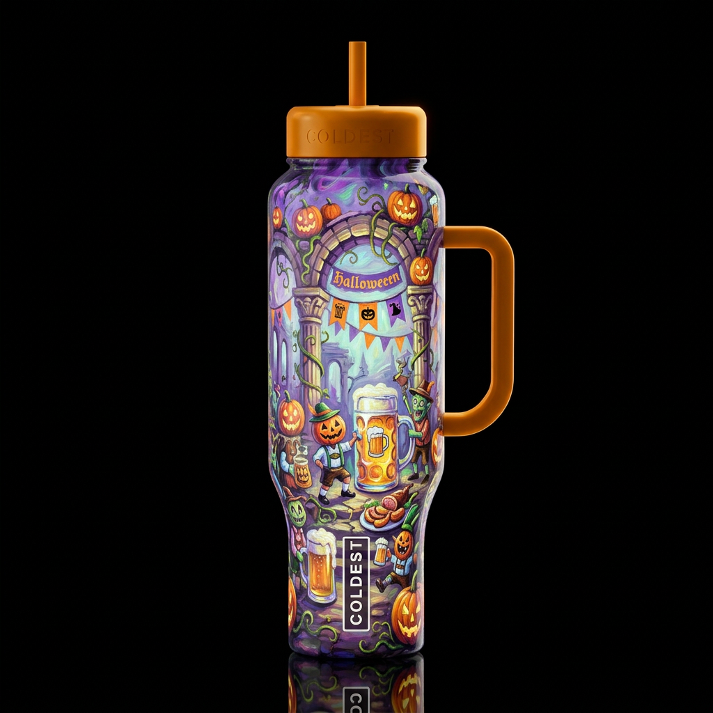 Halloween oktoberfest, ancient ruins, whimsical, o... water bottle design