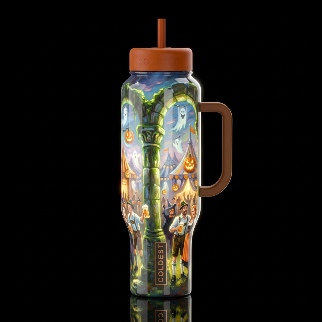 Halloween oktoberfest, ancient ruins, whimsical, o... water bottle design