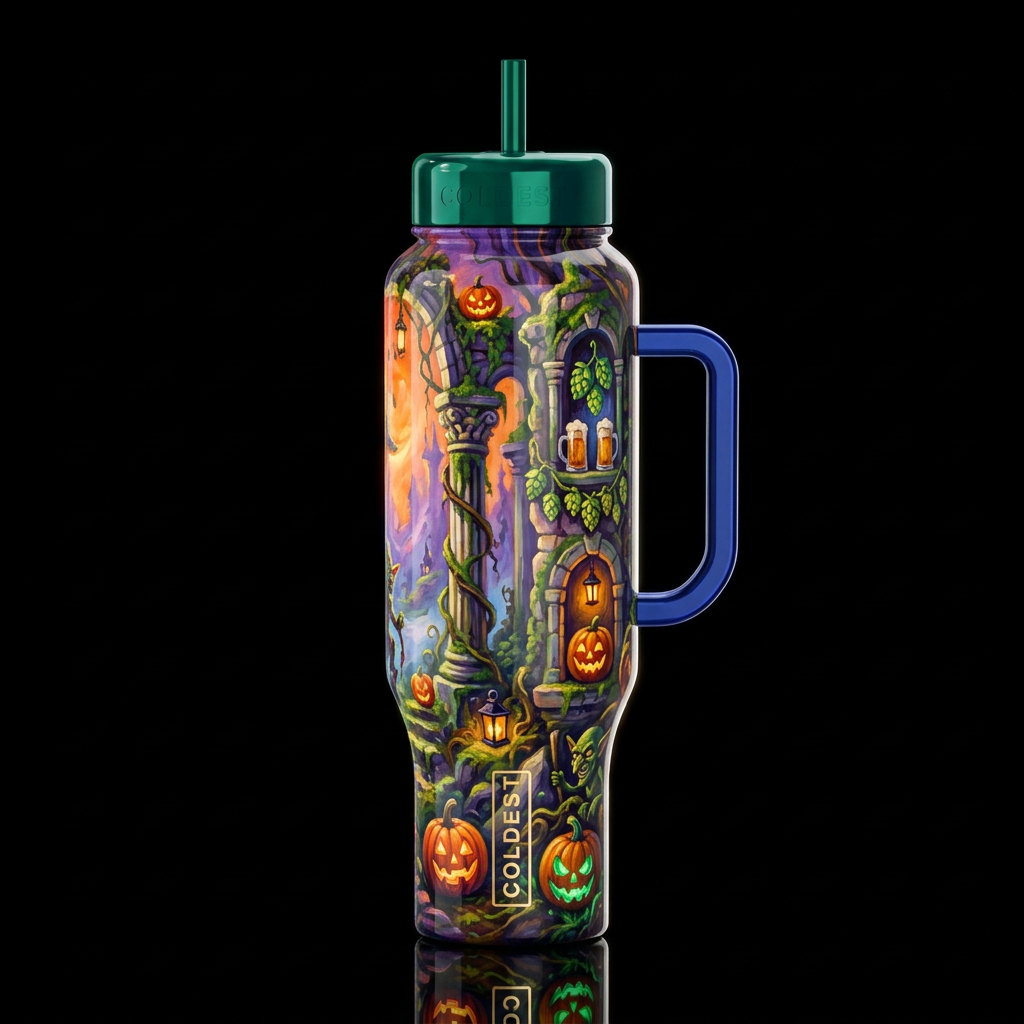 Halloween oktoberfest, ancient ruins, whimsical, o... water bottle design