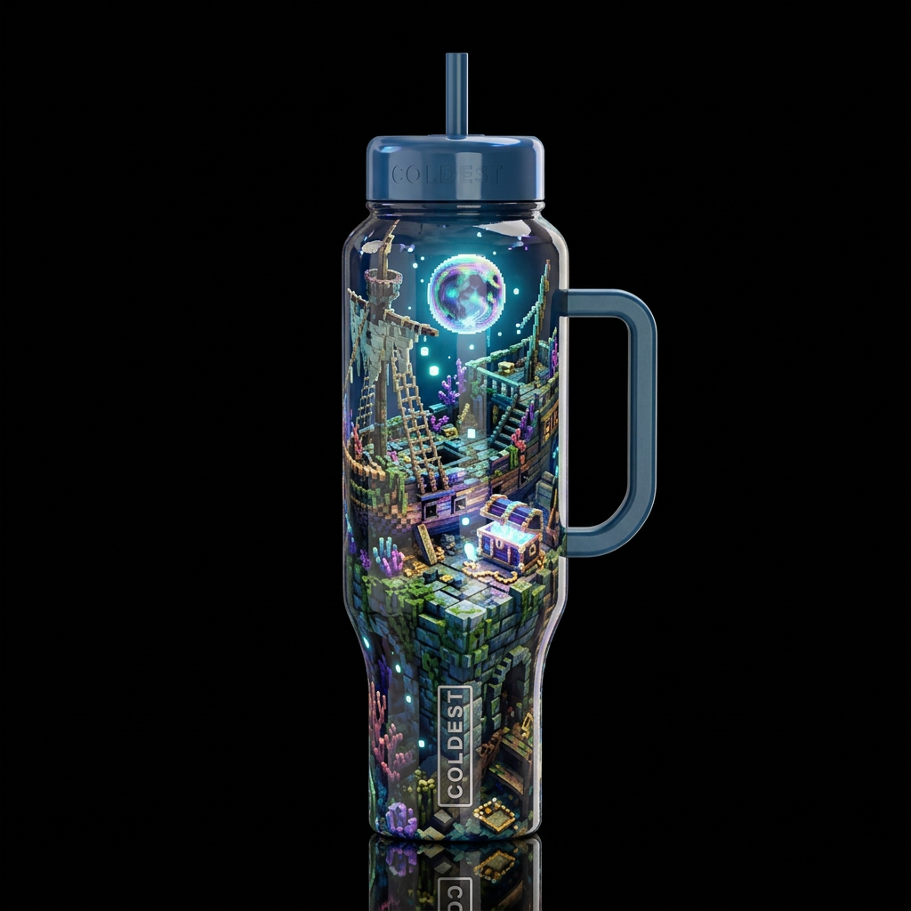 voxel, shipwreck, old, ancient ruins, fantasy trea... water bottle design