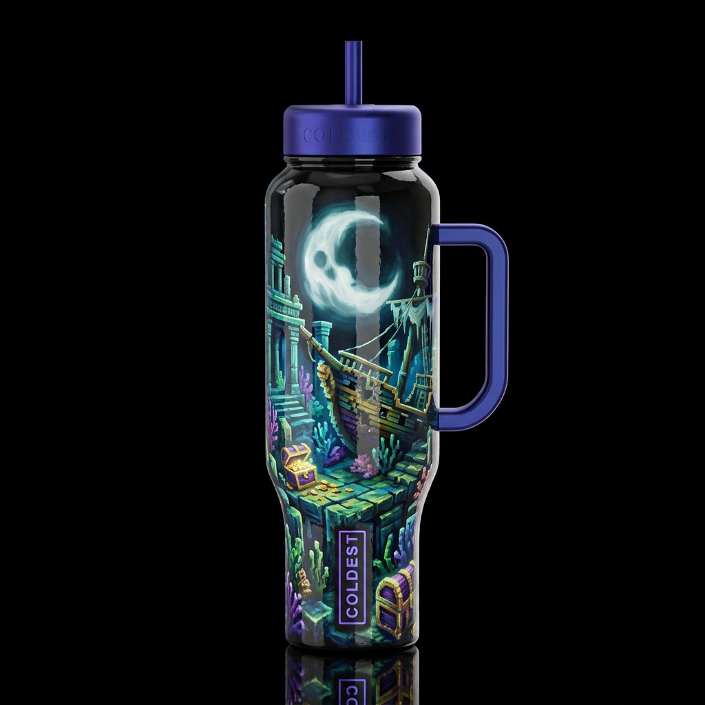 voxel, shipwreck, old, ancient ruins, fantasy trea... water bottle design