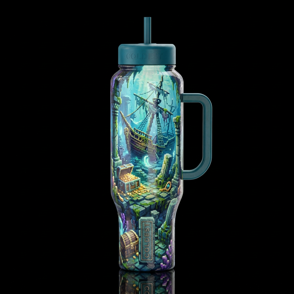 voxel, shipwreck, old, ancient ruins, fantasy trea... water bottle design