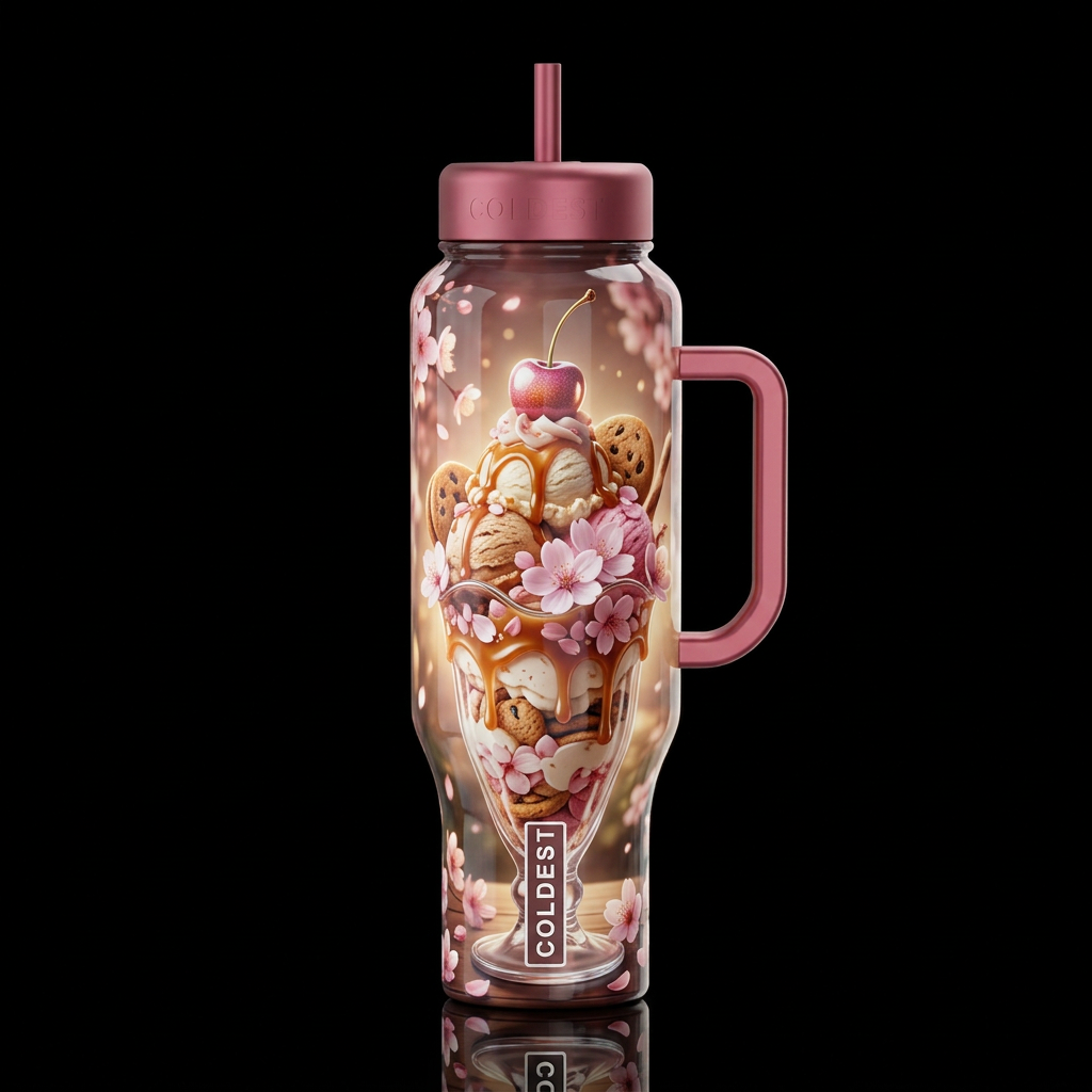 fantasy, ice cream cookie Carmel topping cherryblo... water bottle design