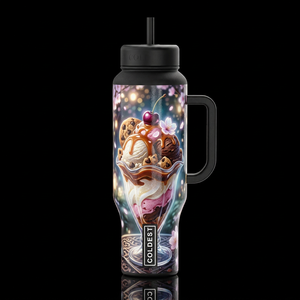 fantasy, ice cream cookie Carmel topping cherryblo... water bottle design