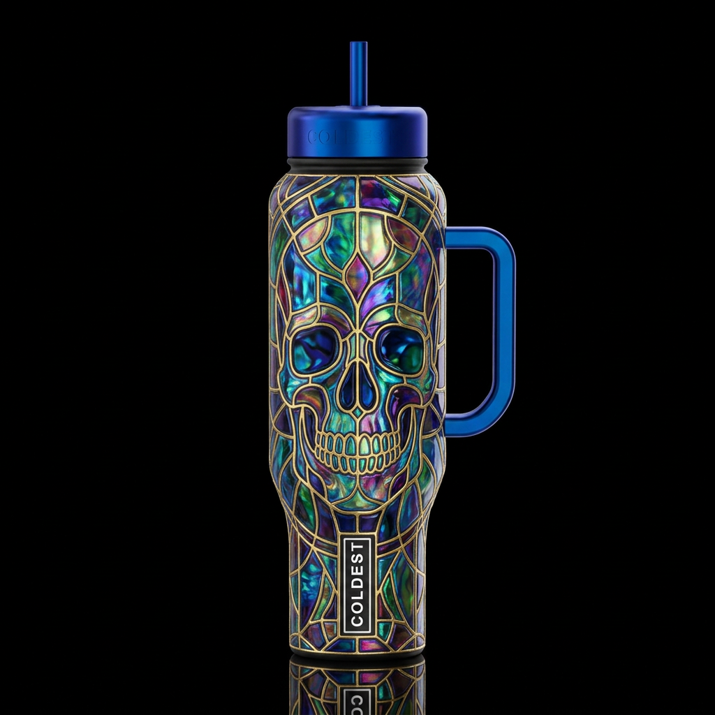 colorful dichroic stain glass skull, vibrant, fant... water bottle design