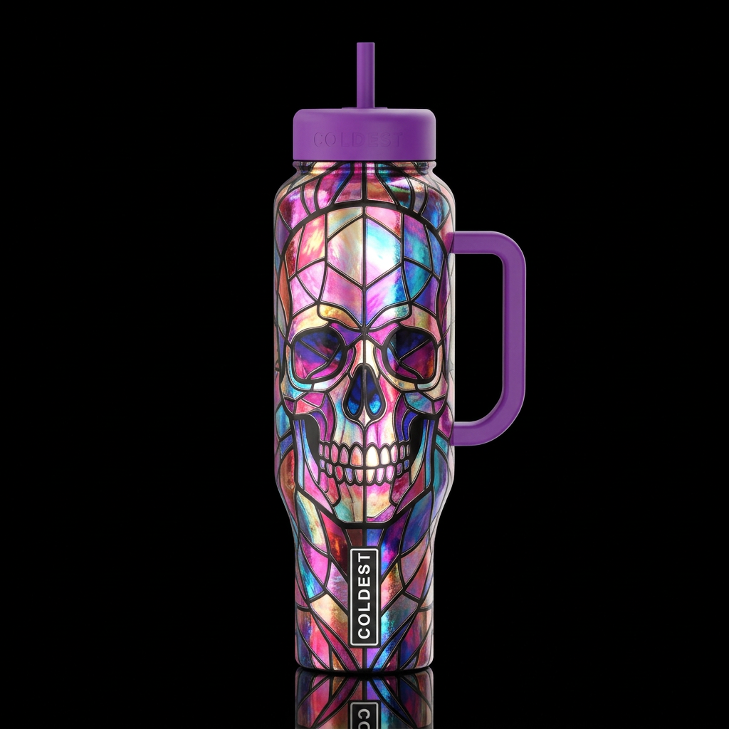 colorful dichroic stain glass skull, vibrant, fant... water bottle design