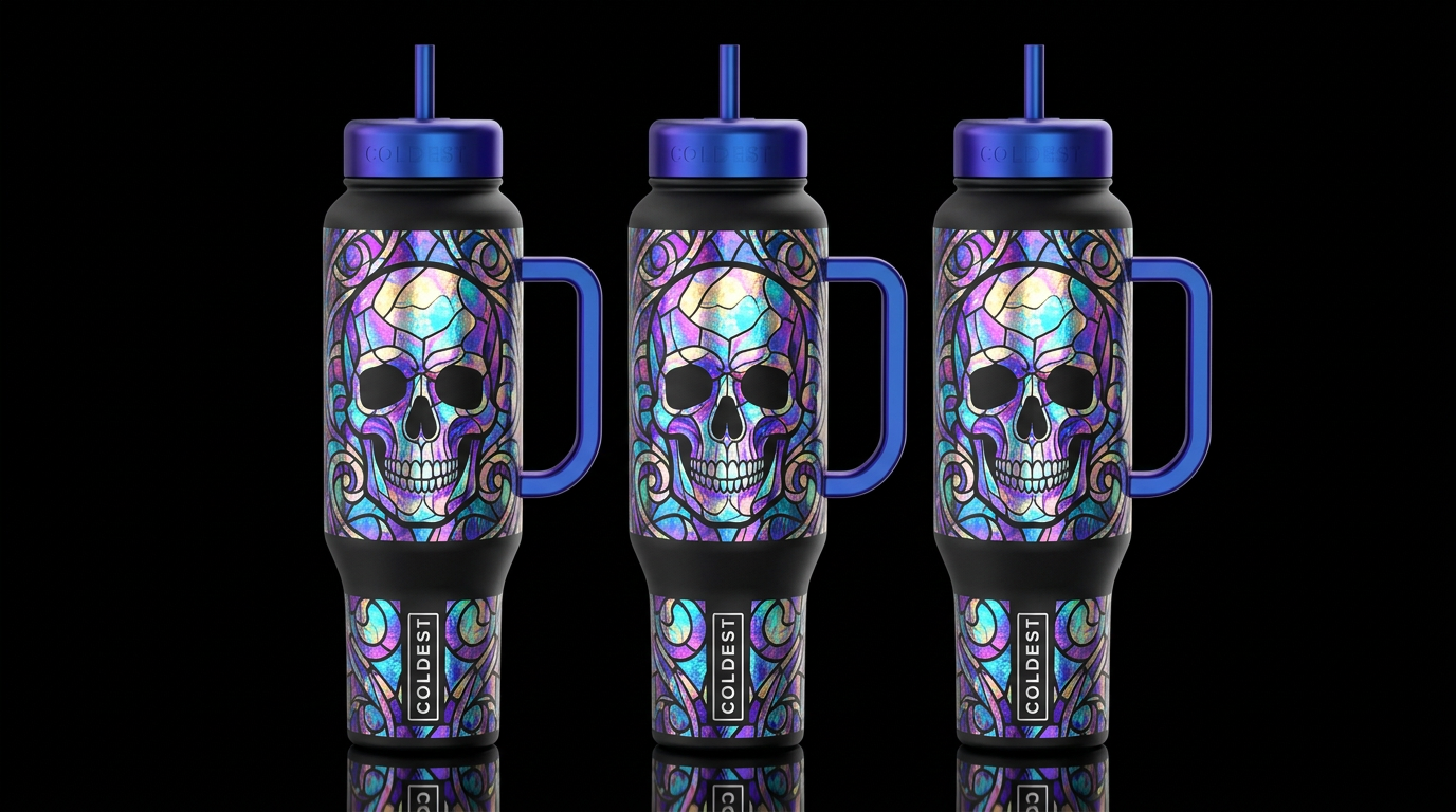 colorful dichroic stain glass skull, vibrant, fant... water bottle design