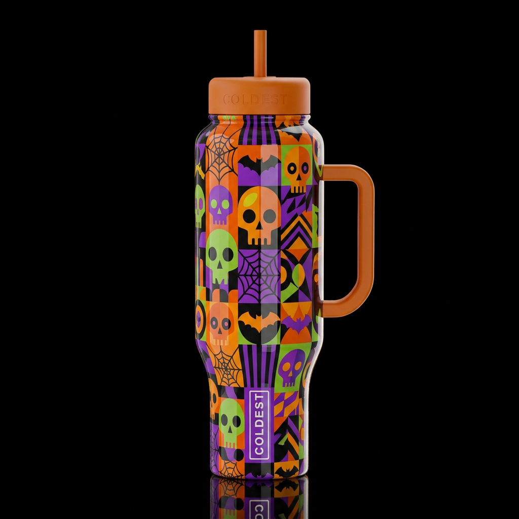 geometric Halloween theme funk, whimsical colorful... water bottle design