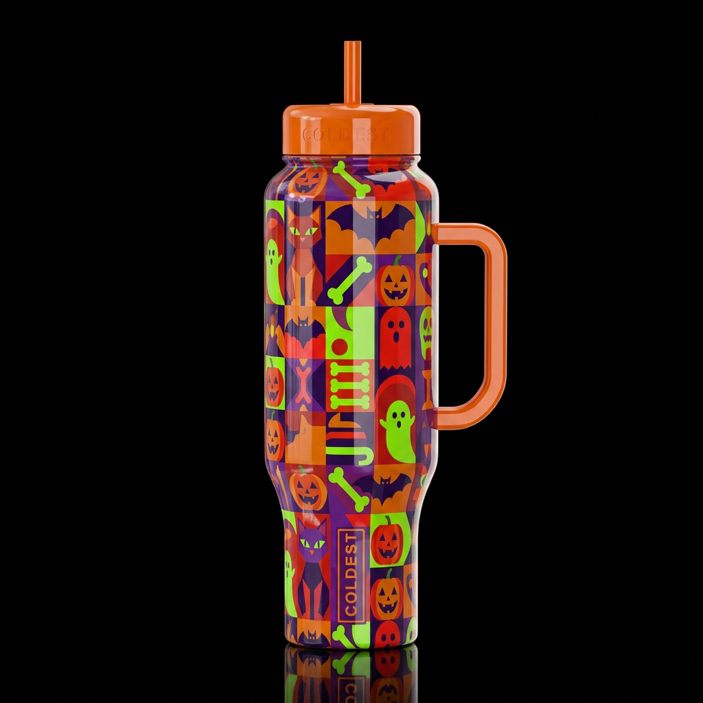 geometric Halloween theme funk, whimsical colorful... water bottle design