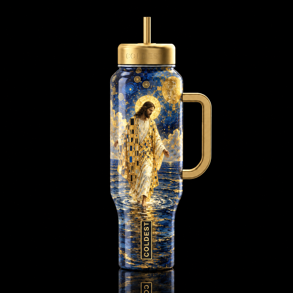 Gustav Klimt Jesus Walking On Water with cosmic sk... water bottle design