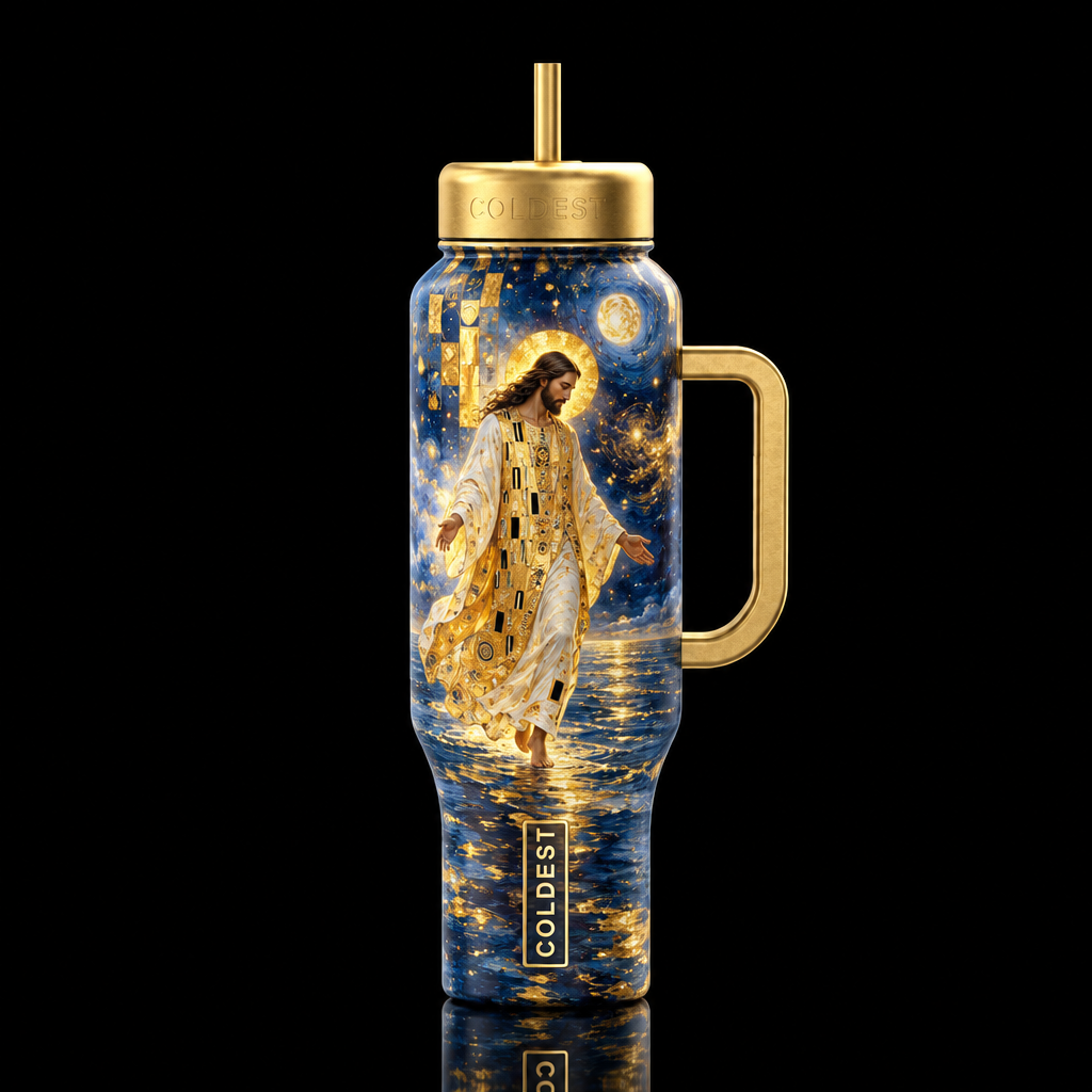 Gustav Klimt Jesus Walking On Water with cosmic sk... water bottle design