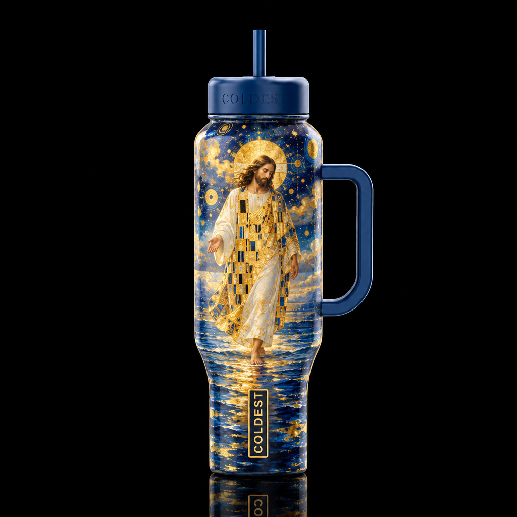 Gustav Klimt Jesus Walking On Water with cosmic sk... water bottle design