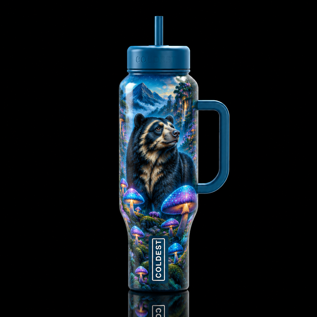 Andean bear, mushroom forest, fantasy, whimsical, ... water bottle design