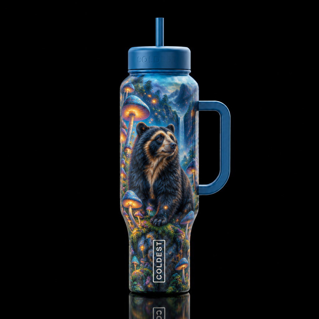 Andean bear, mushroom forest, fantasy, whimsical, ... water bottle design