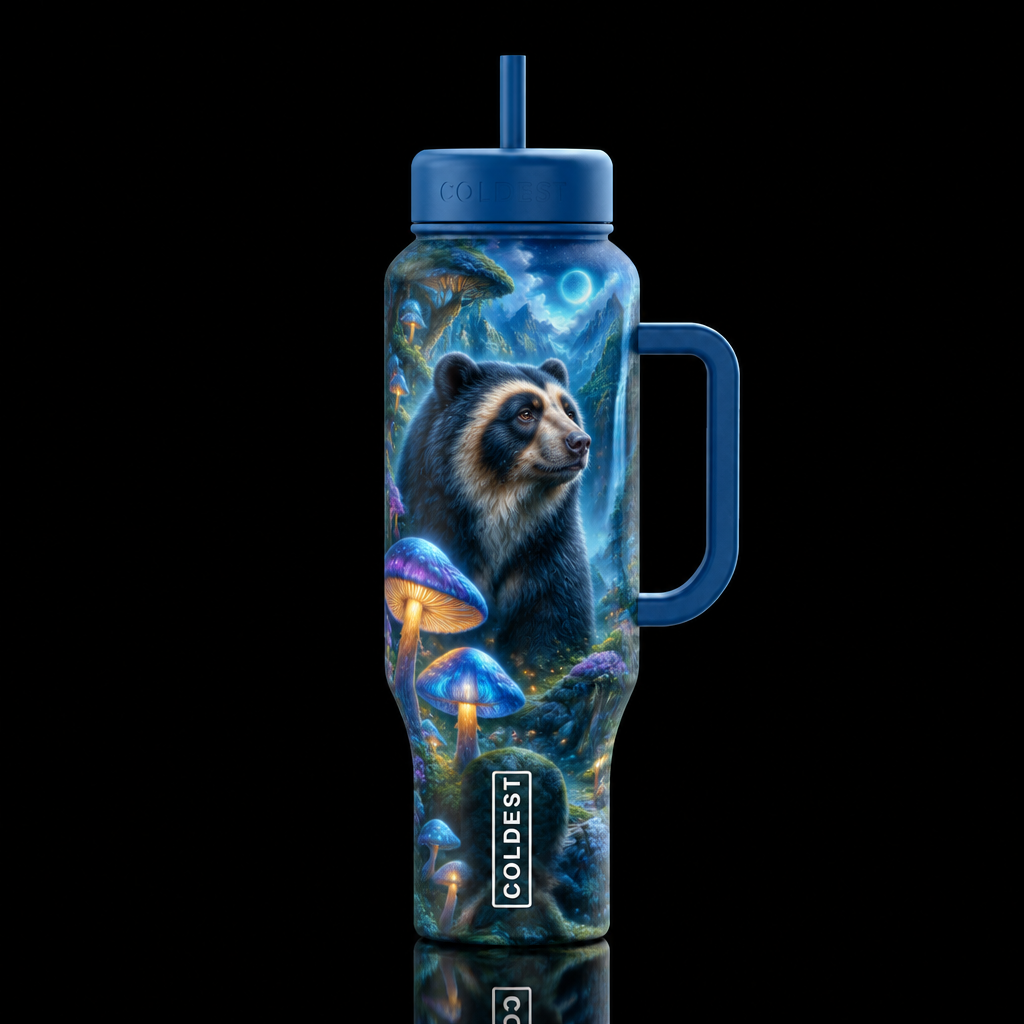 Andean bear, mushroom forest, fantasy, whimsical, ... water bottle design