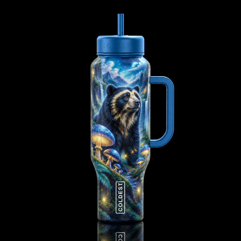Andean bear, mushroom forest, fantasy, whimsical, ... water bottle design