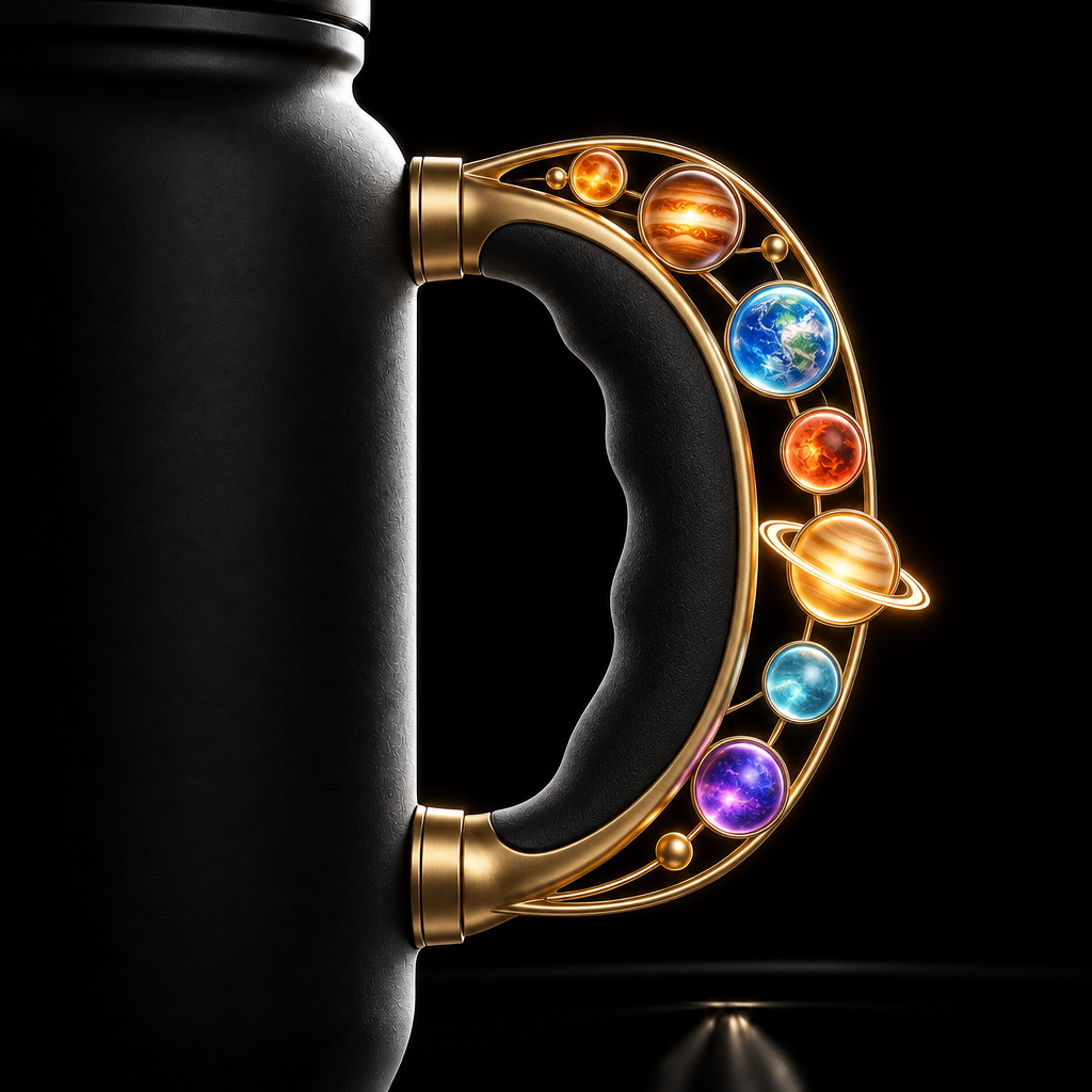 whimsical glowie colorful planet alignment water bottle design