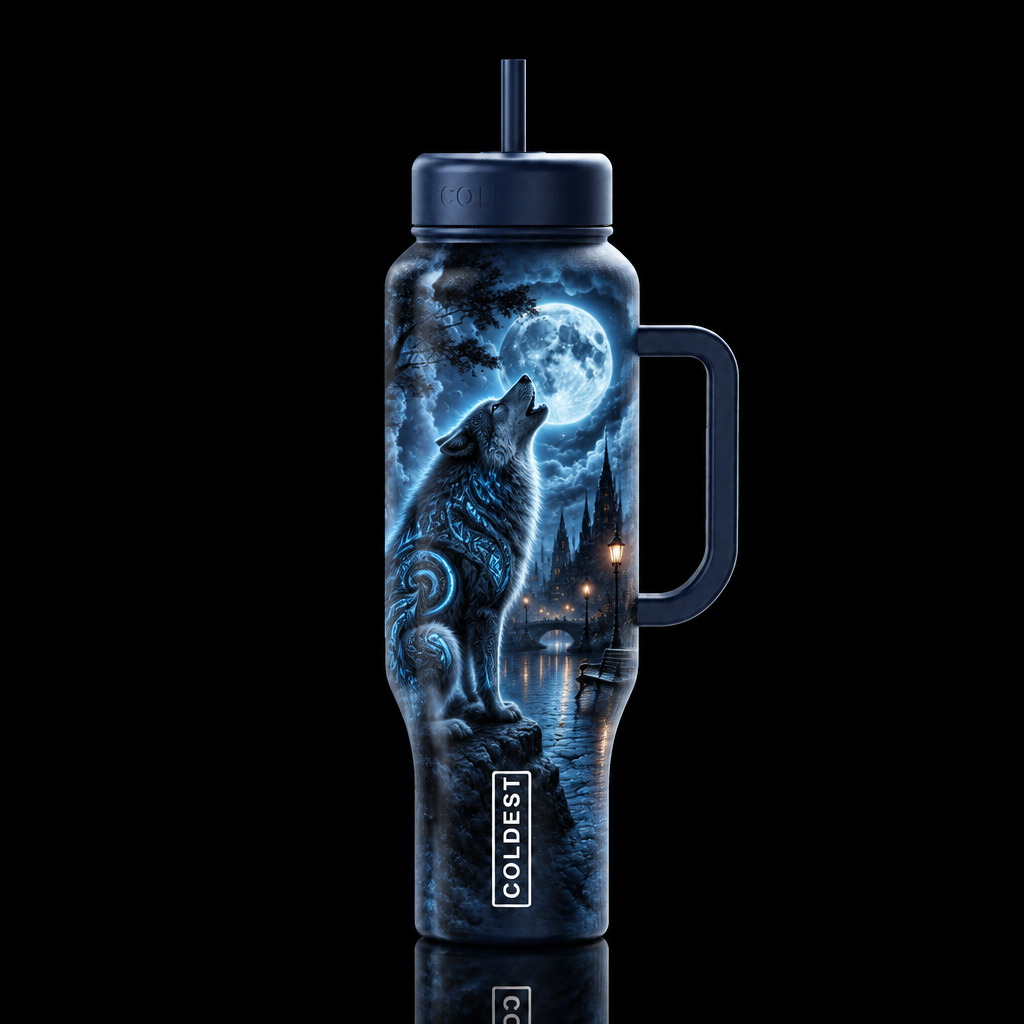 somber, darkness moonlit, cloudy whimsical dreamy ... water bottle design