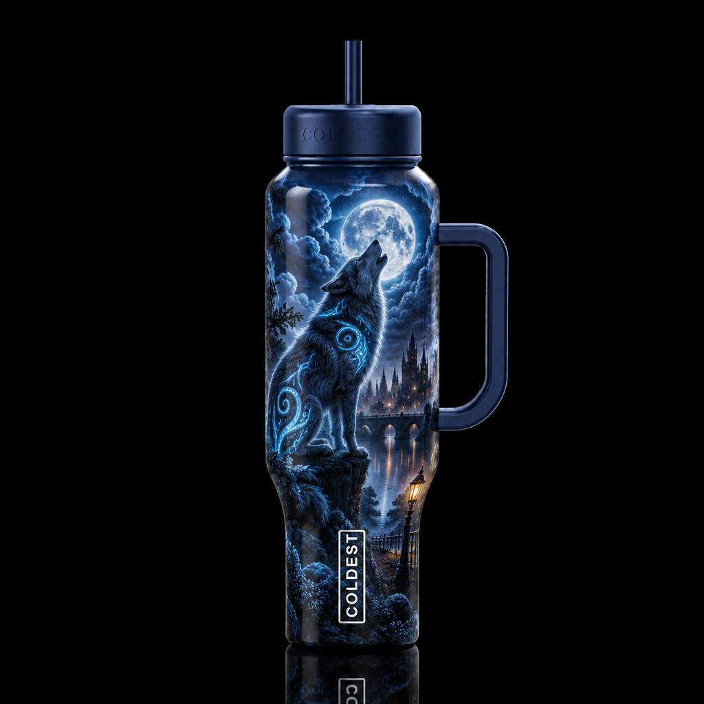 somber, darkness moonlit, cloudy whimsical dreamy ... water bottle design