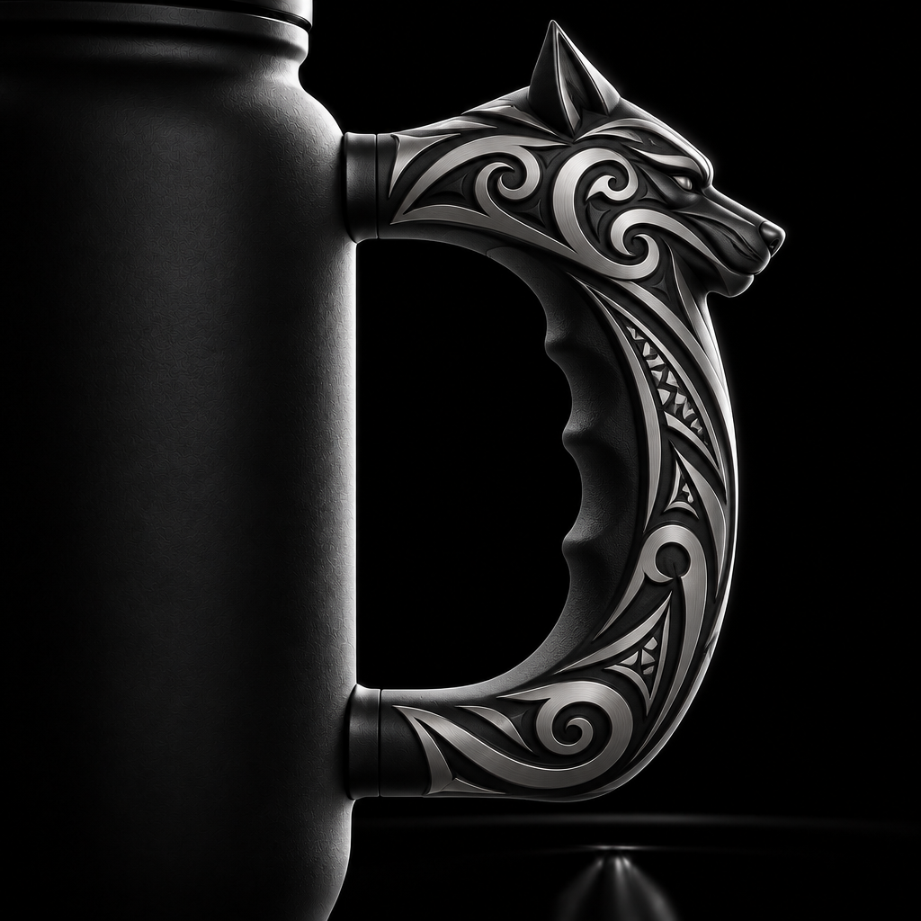 maori wolf black and silver water bottle design