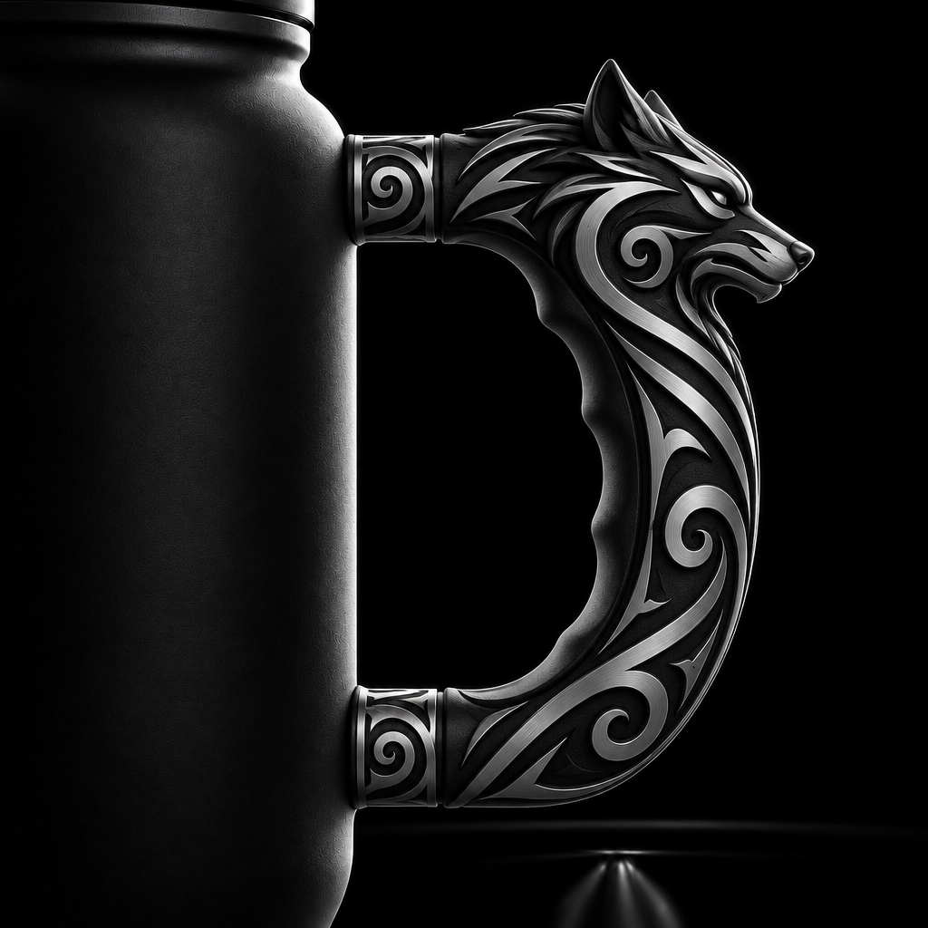 maori wolf black and silver water bottle design