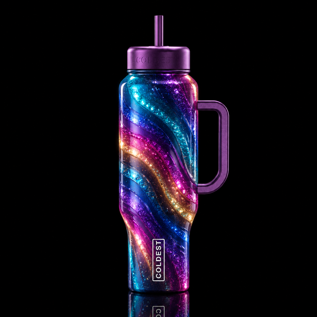 colorful crystal glittery spectrum abstract waves,... water bottle design