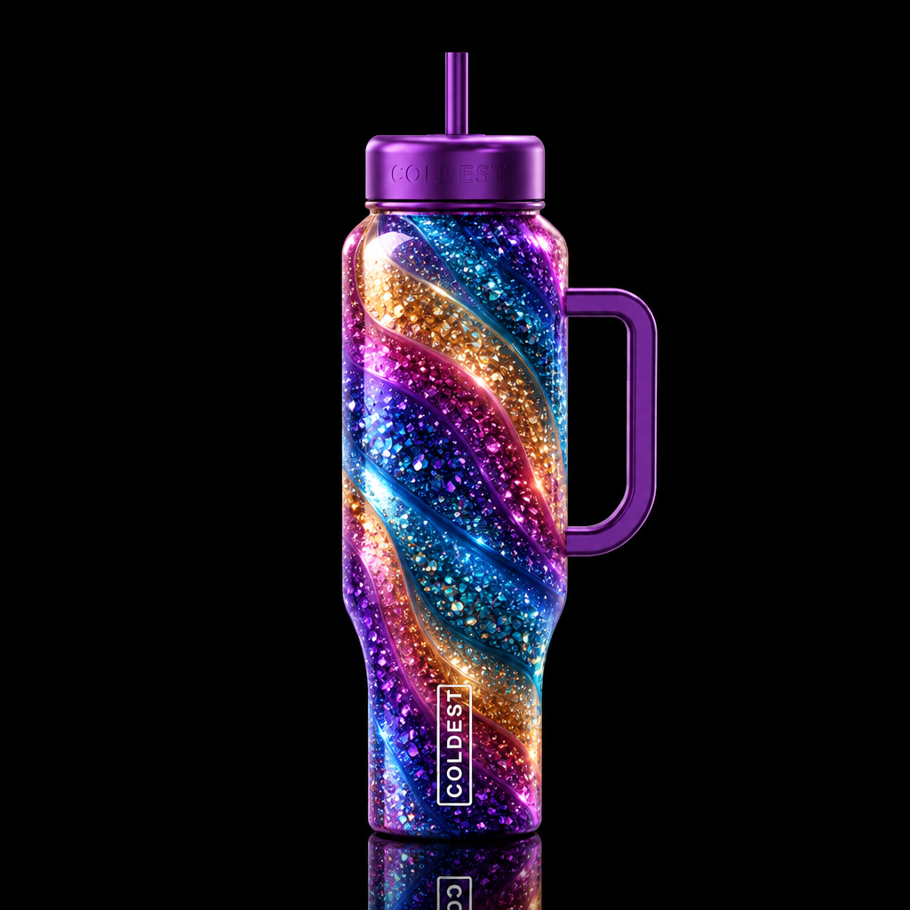 colorful crystal glittery spectrum abstract waves,... water bottle design