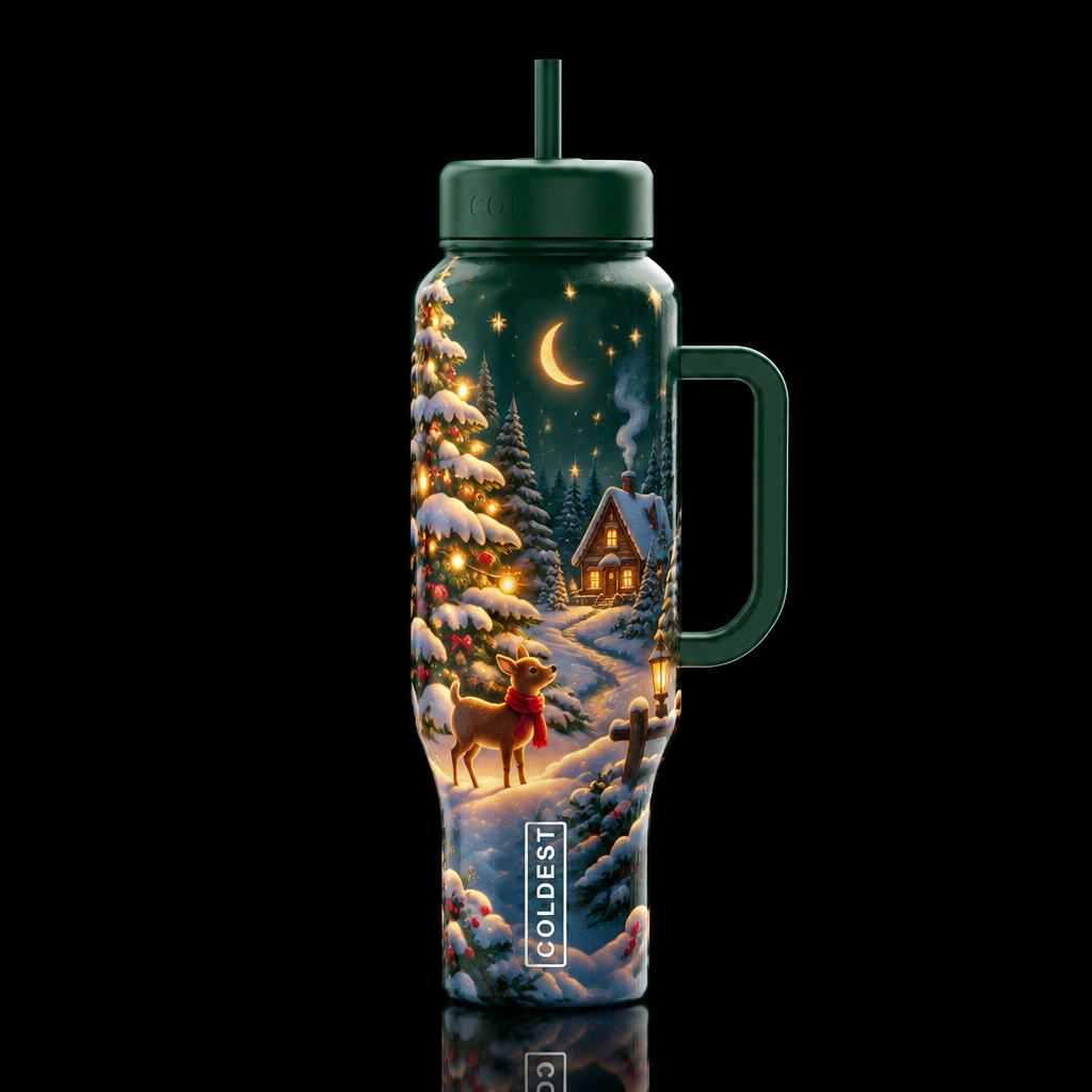 Christmas, lo-fi, whimsical illustrated, glowie, f... water bottle design