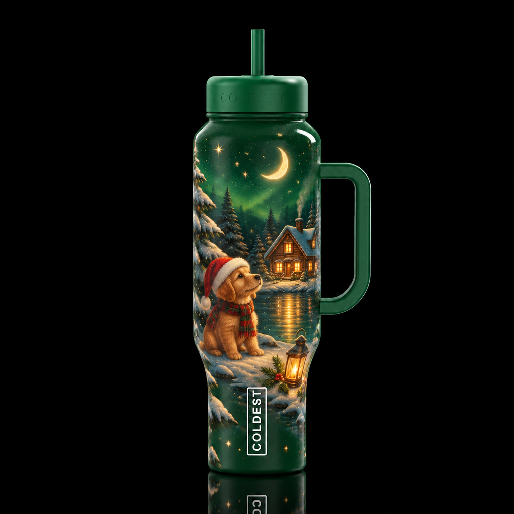 Christmas, lo-fi, whimsical illustrated, glowie, f... water bottle design