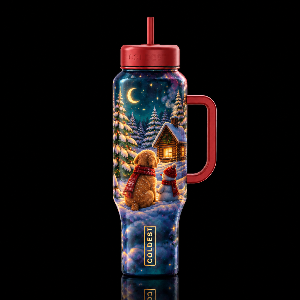 Christmas, lo-fi, whimsical illustrated, glowie, f... water bottle design
