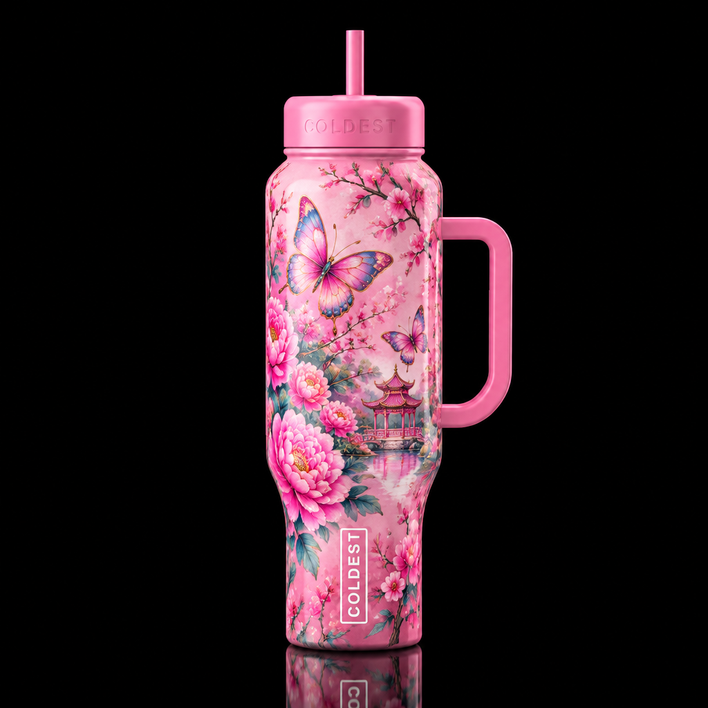 pink whimsical, chinoiserie, vibrant, magical flor... water bottle design