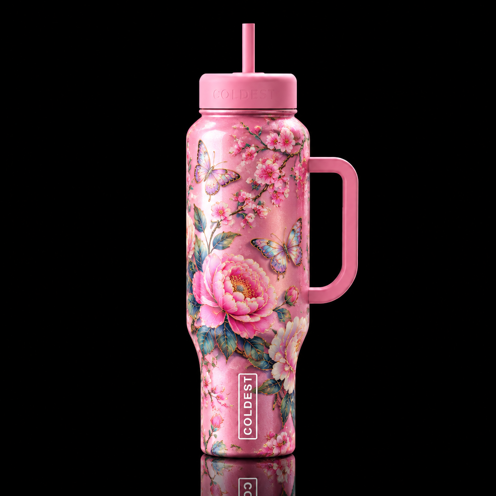 pink whimsical, chinoiserie, vibrant, magical flor... water bottle design