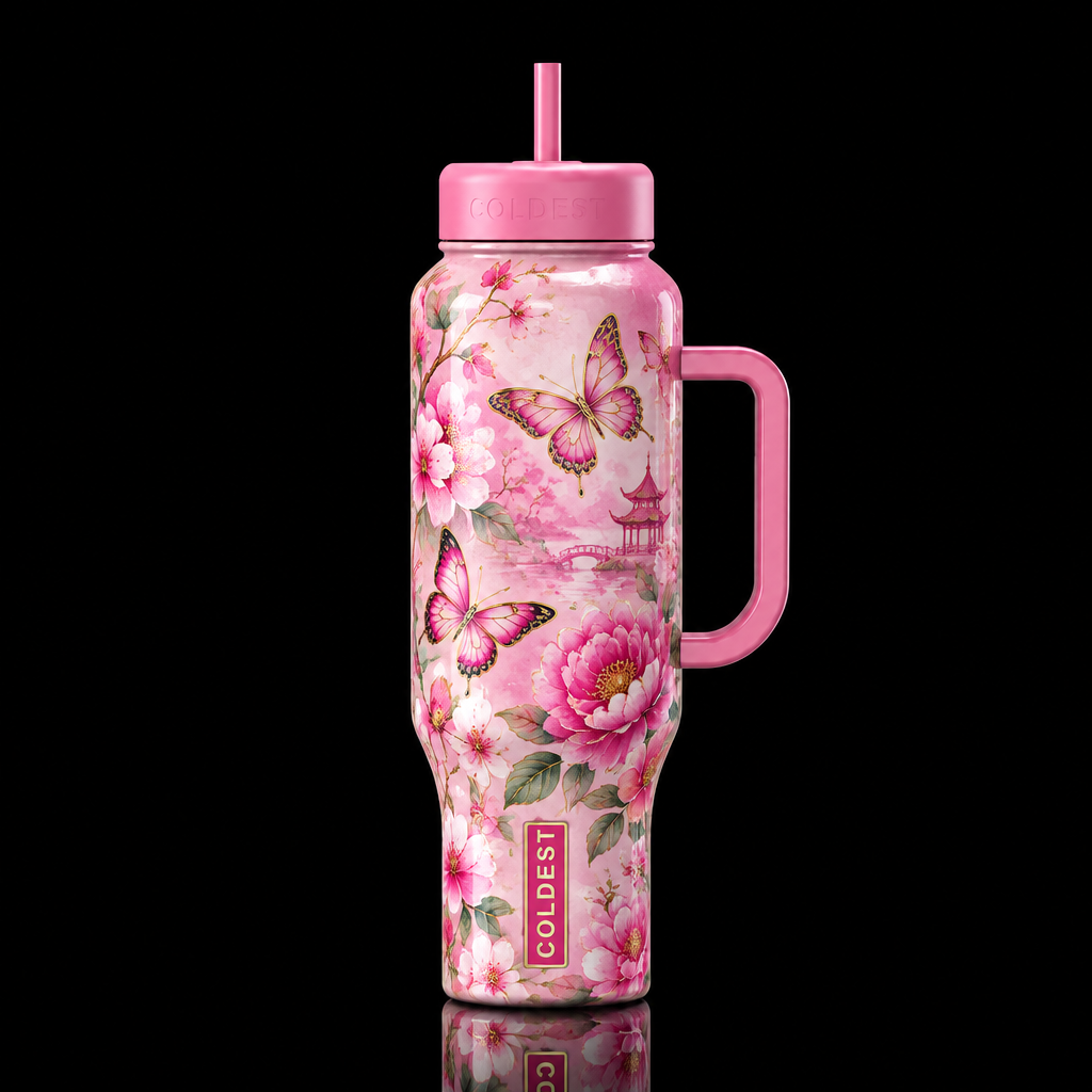 pink whimsical, chinoiserie, vibrant, magical flor... water bottle design