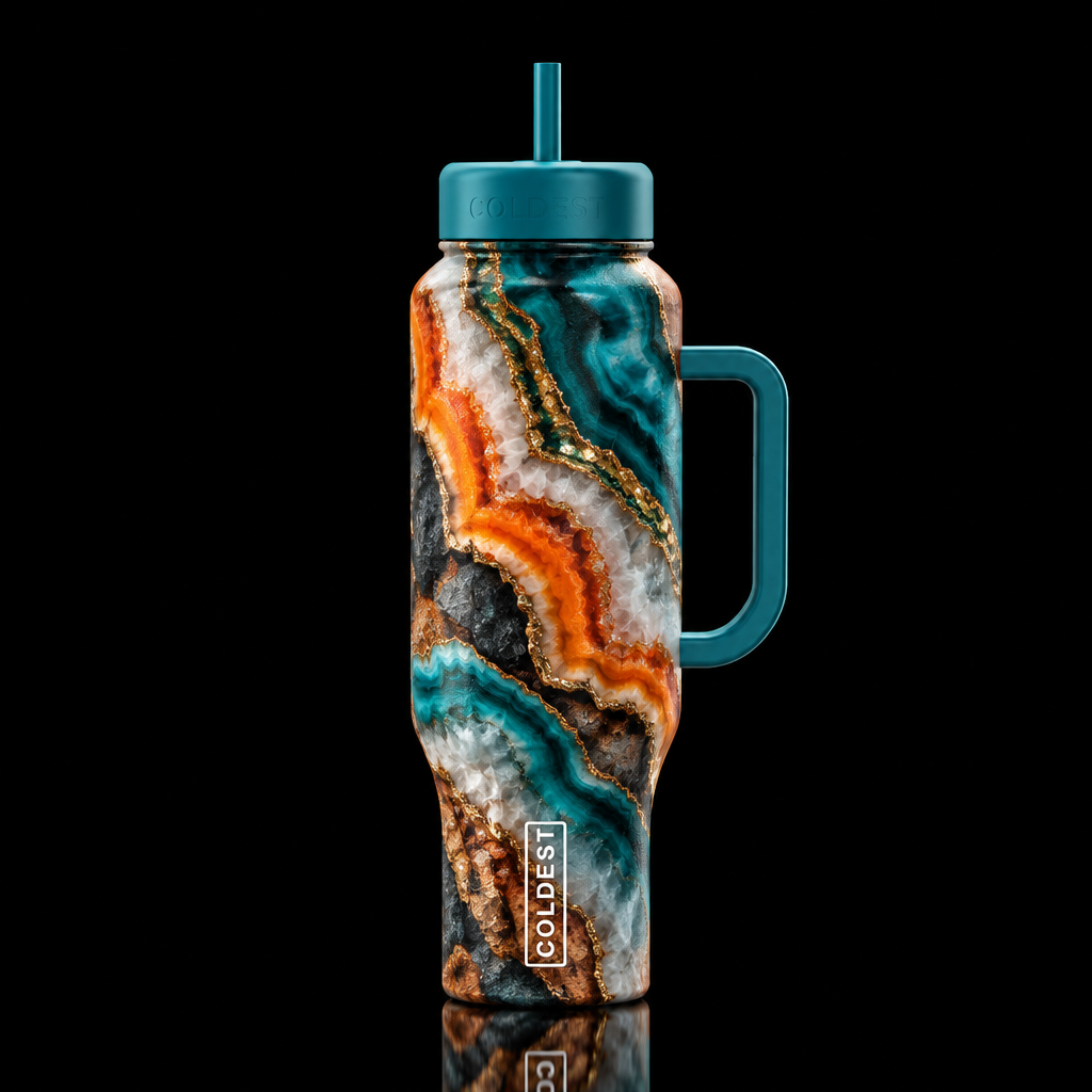 Abstract, agate geode orange Teal white gold brown... water bottle design