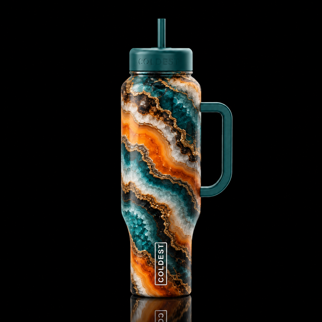 Abstract, agate geode orange Teal white gold brown... water bottle design