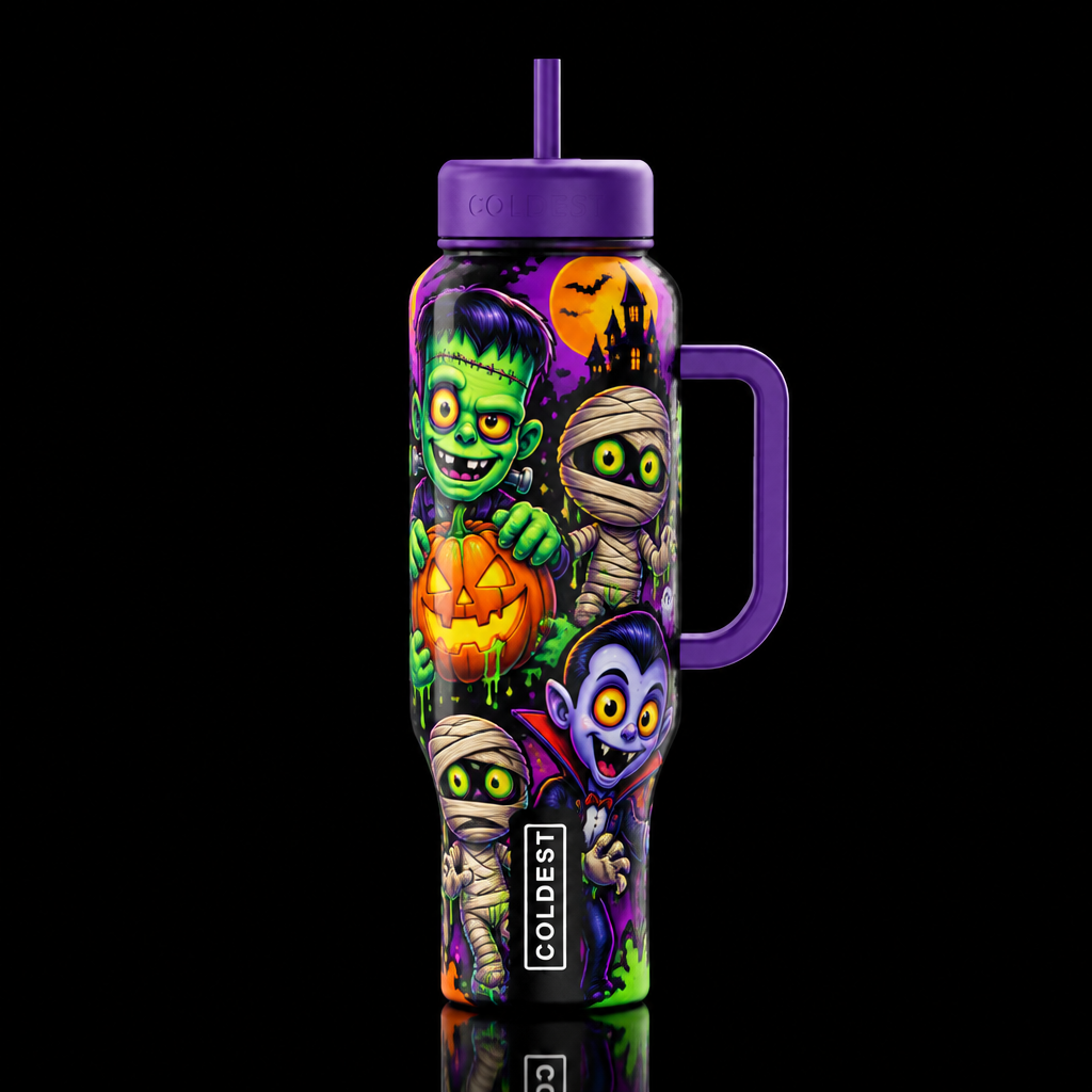 colorful whimsical, lowbrow surrealism Halloween m... water bottle design