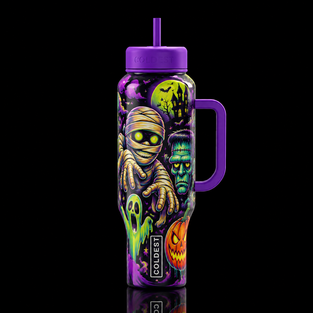 colorful whimsical, lowbrow surrealism Halloween m... water bottle design