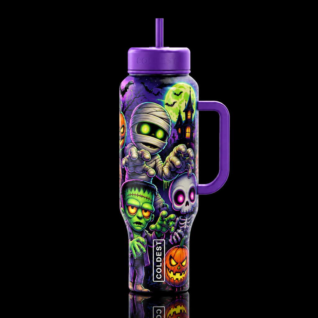 colorful whimsical, lowbrow surrealism Halloween m... water bottle design