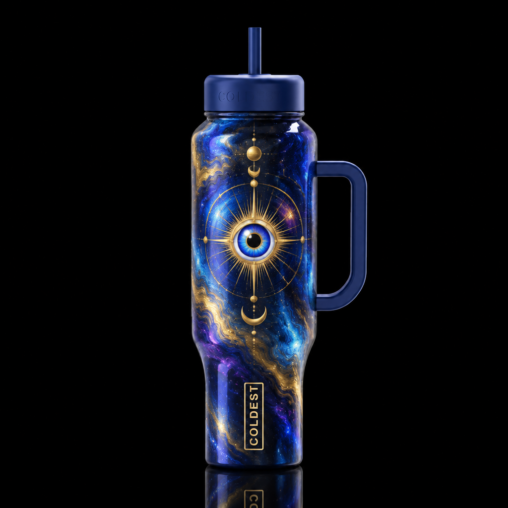 cosmic, solstice evil eye, network, oil painted, g... water bottle design