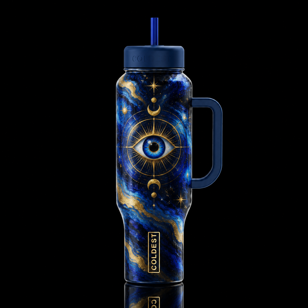 cosmic, solstice evil eye, network, oil painted, g... water bottle design