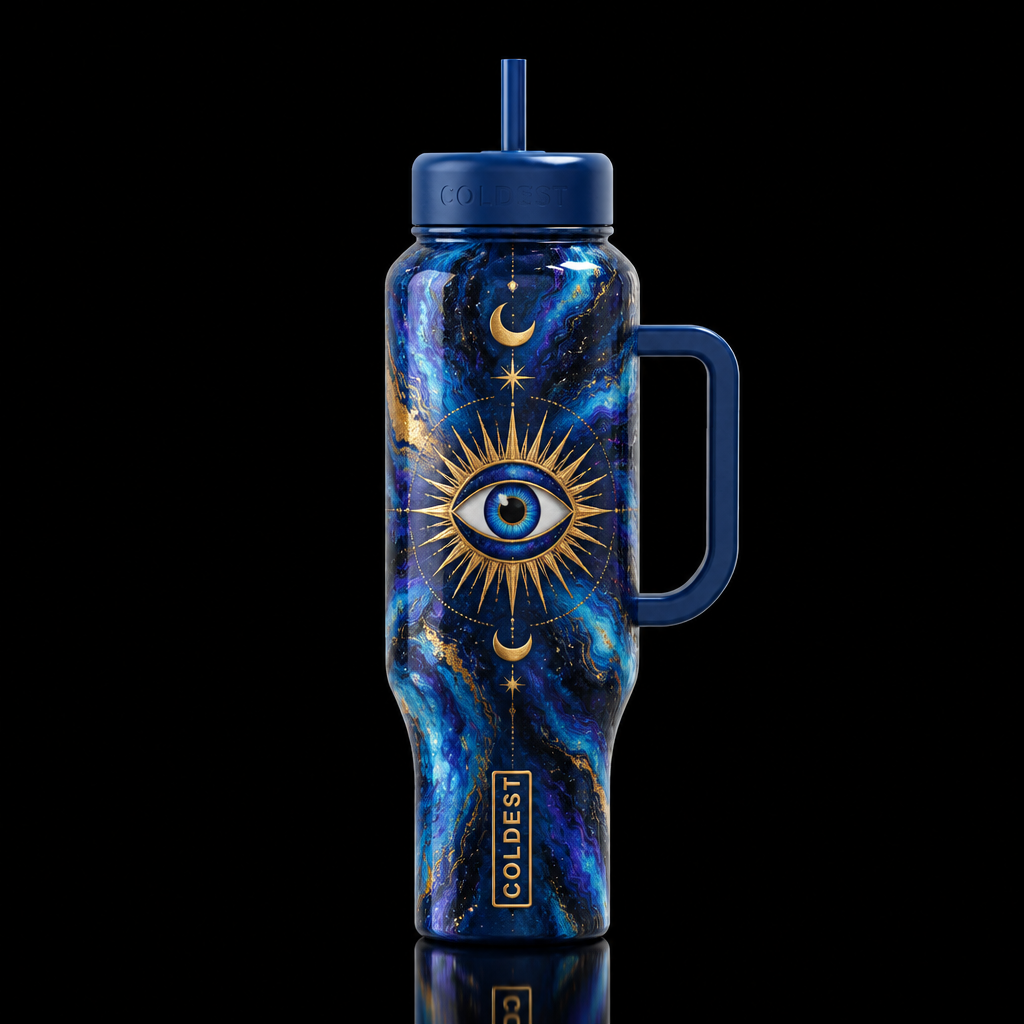 cosmic, solstice evil eye, network, oil painted, g... water bottle design
