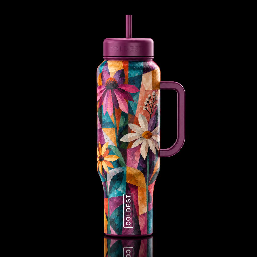 cubist, wildflowers, distressed, whimsical, magica... water bottle design