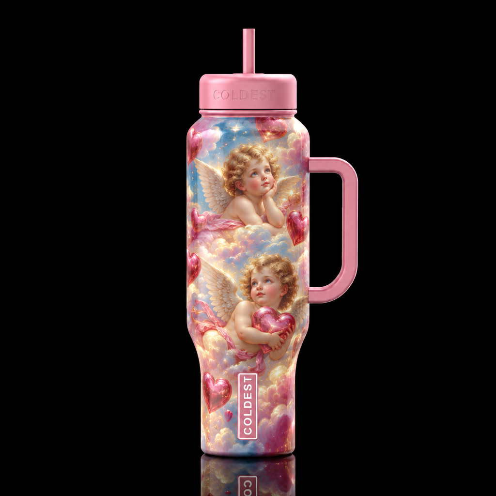whimsical, magical, fantasy cherubs angels hearts,... water bottle design