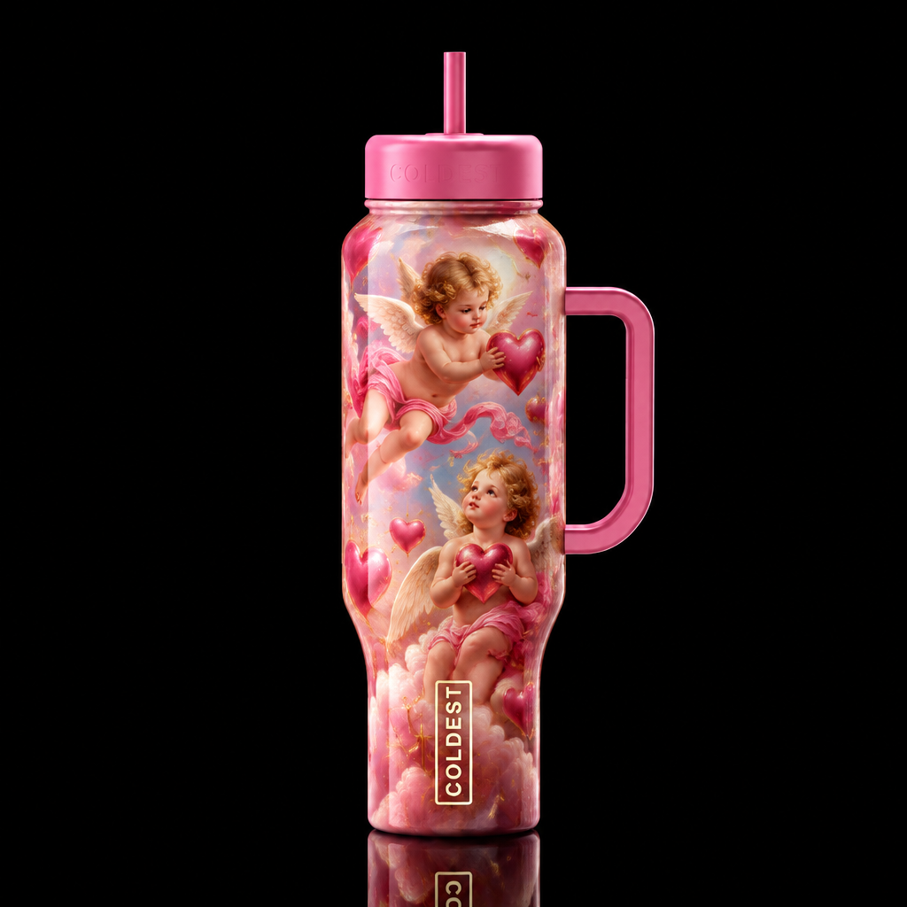 whimsical, magical, fantasy cherubs angels hearts,... water bottle design