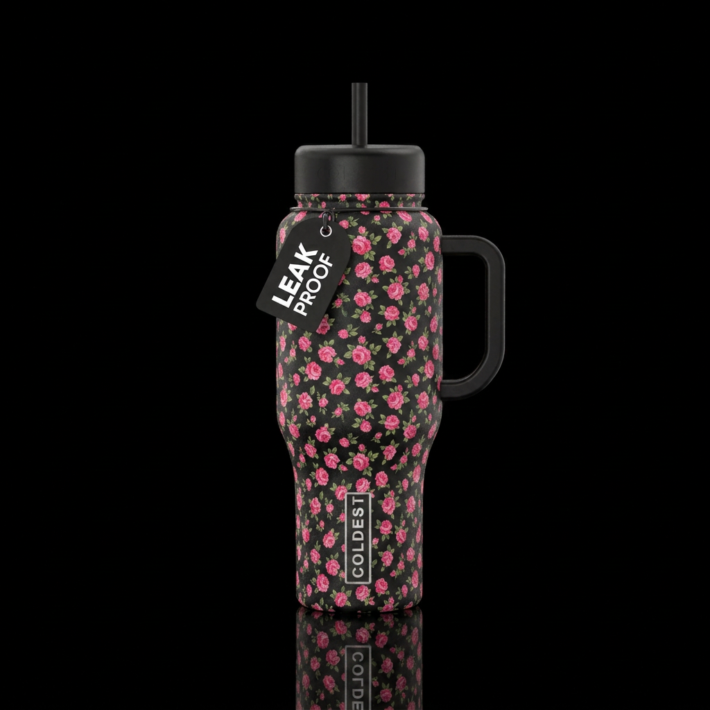 small pink chintz roses pattern on a black backgro... water bottle design