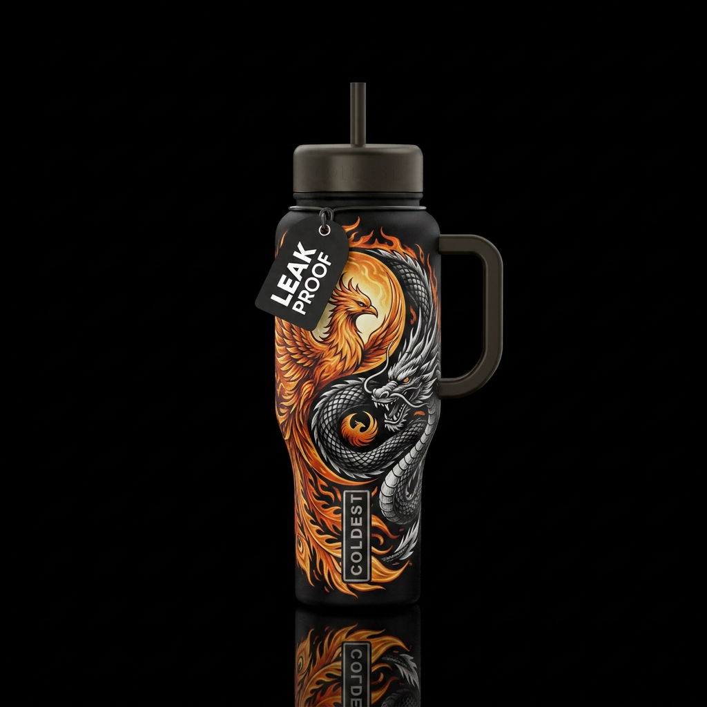 large design of a yin & yang with an orange flame ... water bottle design