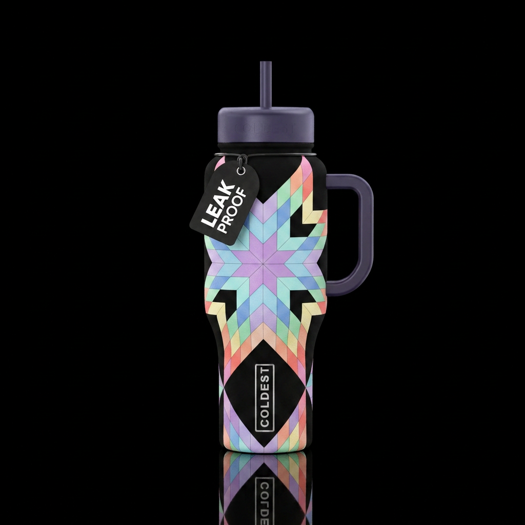 pastel starburst quilt on a black background water bottle design